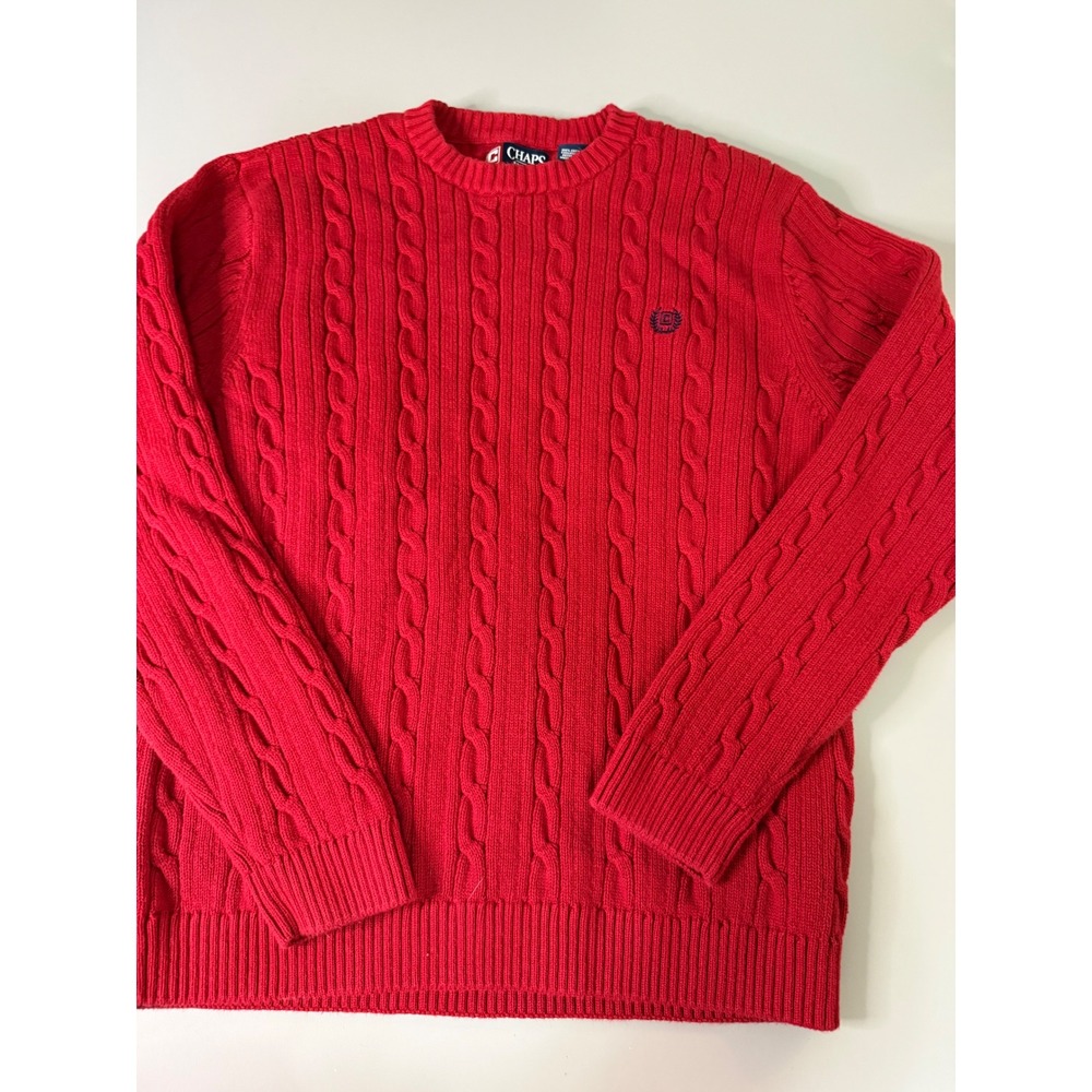 Chaps Mens Red Cable Knit Cotton Crewneck Sweater Embroidered Logo Size L